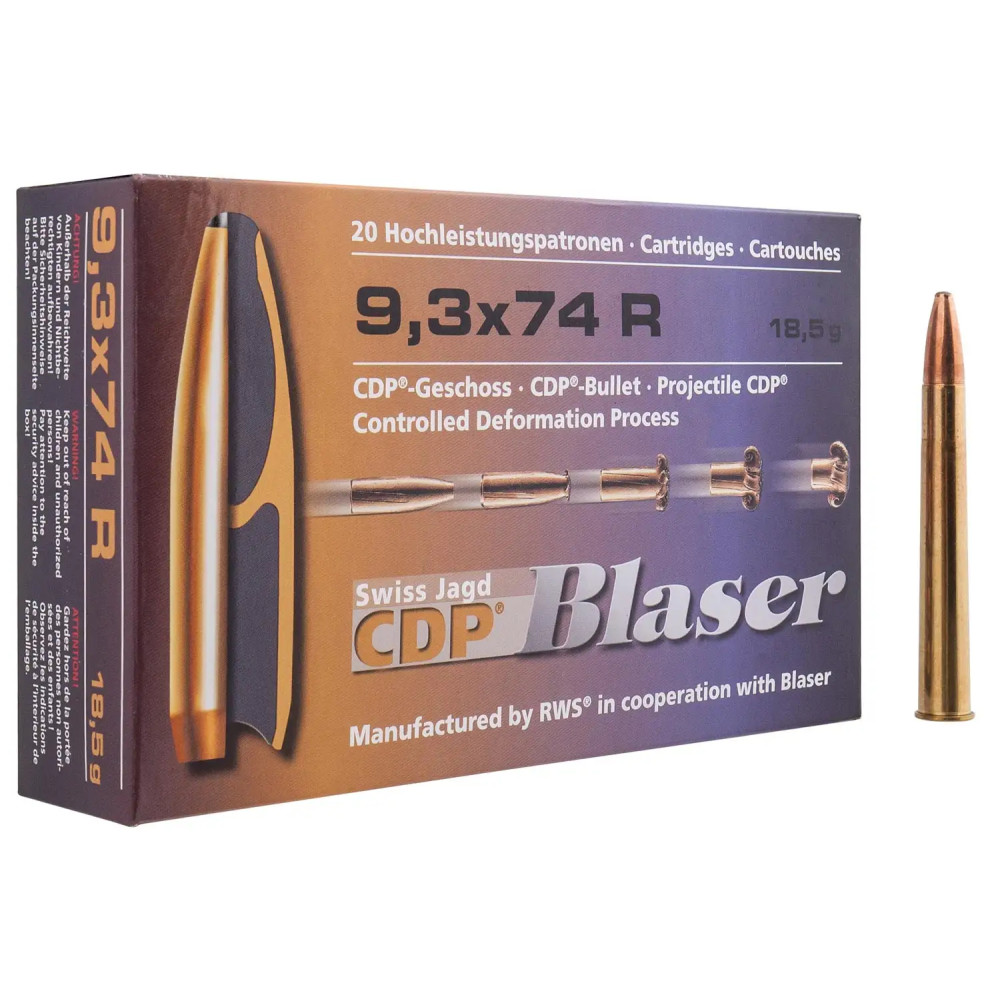 Патрон Blaser кал. 9,3х74 R пуля CDP масса 18,5 грамм/ 285 гран. Нач. скорость 700 м/с.
