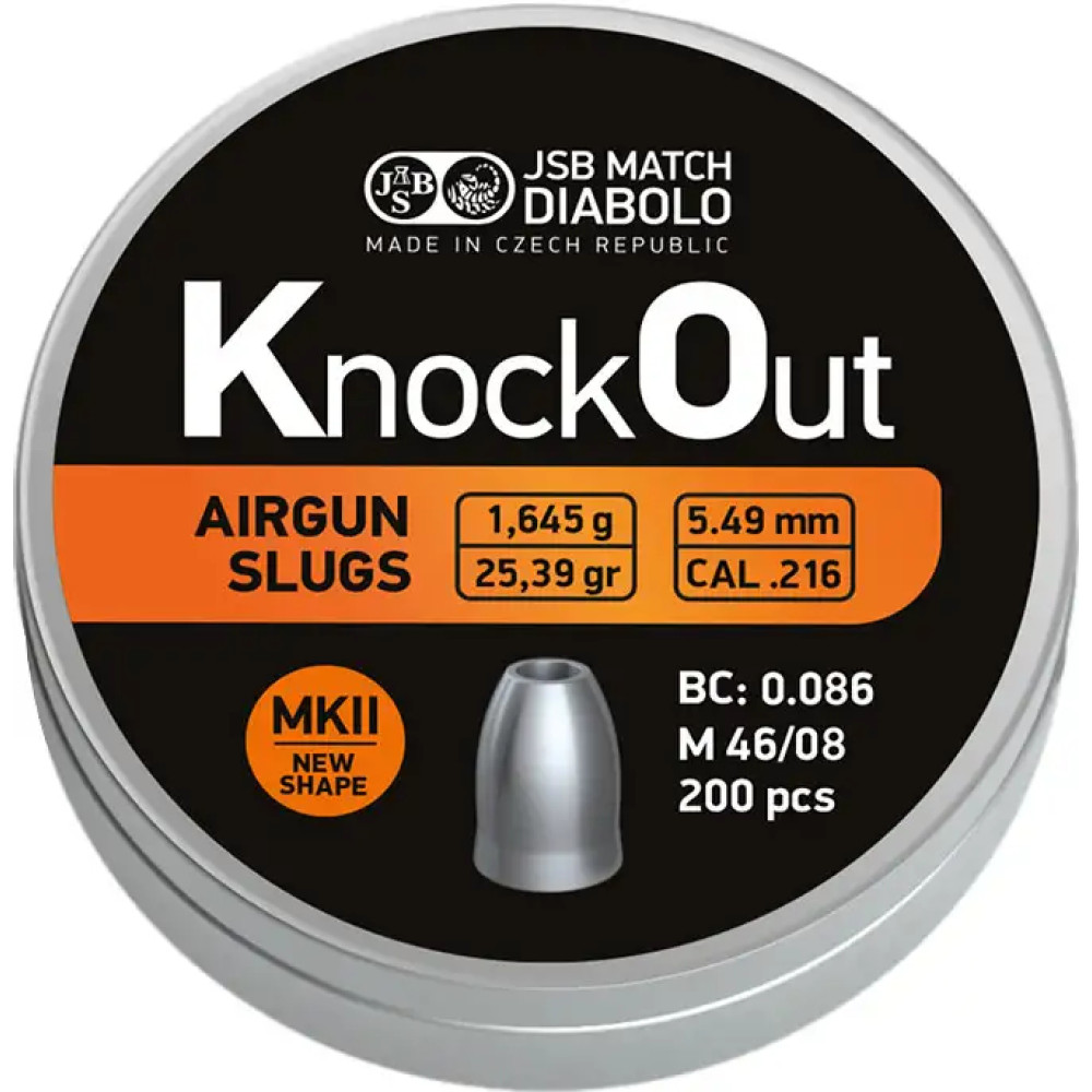 Пули пневматические JSB Diabolo KnockOut Slugs MKII. Кал. 5.49 мм. Вес - 1,645 г. 200 шт/уп