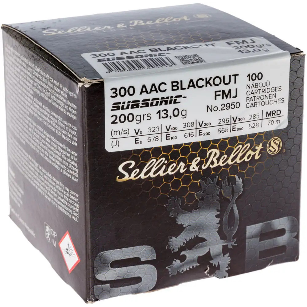 Патрон Sellier & Bellot Subsonic кал. 300 Whisper Blackout. Куля FMJ маса 13 г/200 гран. Поч. швидкість 323 м/з