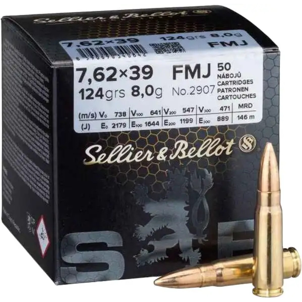 Патрон Sellier & Bellot кал. 7,62x39 куля FMJ маса 8,0 г/ 124 гр