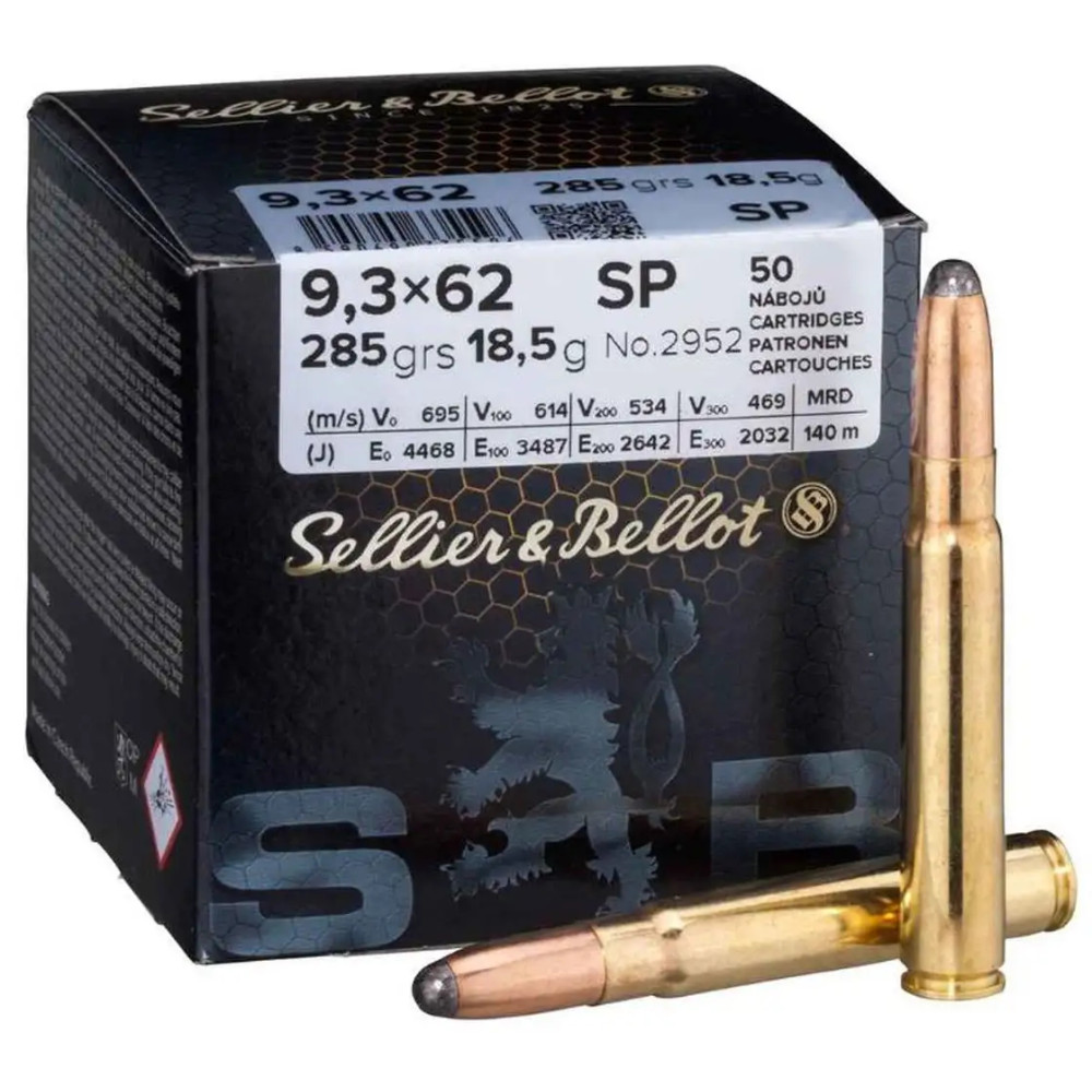 Патрон Sellier & Bellot кал. 9,3х62 куля SP маса 18,5 г/ 285 гр. Поч. швидкість 695 м/с